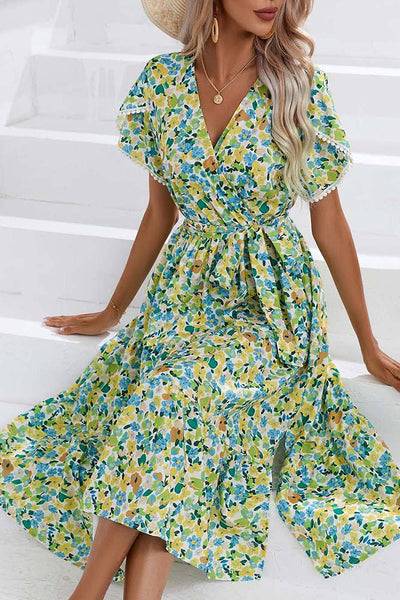Wrap V Neck Tulip Sleeves Maxi Floral Dress ZZKF1015