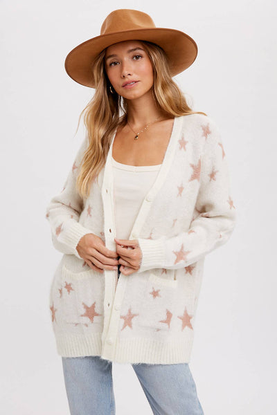 BLUIVY STAR PATTERN BUTTON FRONT CARDIGAN - Dropped Shoulder Design