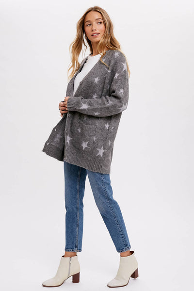 BLUIVY STAR PATTERN BUTTON FRONT CARDIGAN - Dropped Shoulder Design