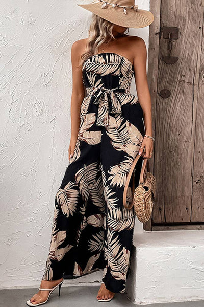 Black Palm Leave Print WIde Leg Jumpsuit