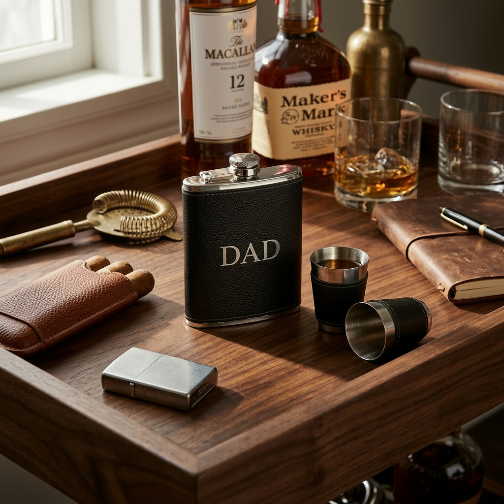 CREATIVE GIFTS Black Leatherette Flask & Stainless Steel Shot Glass Set