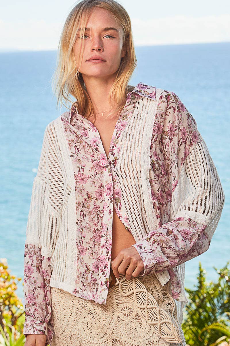 POL Oversize long sleeve floral print crochet button down shirt