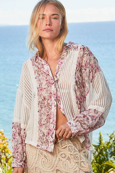 POL Oversize long sleeve floral print crochet button down shirt