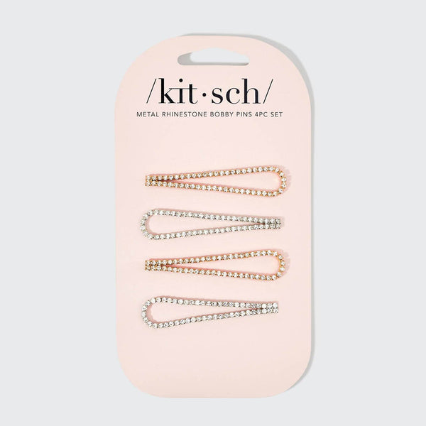 KITSCH Metal Rhinestone Drop Bobby Pins 4pc Set - Gold/Silver