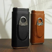 Genuine Leather Cigar Case, Wood Lined Humidor with Cutter