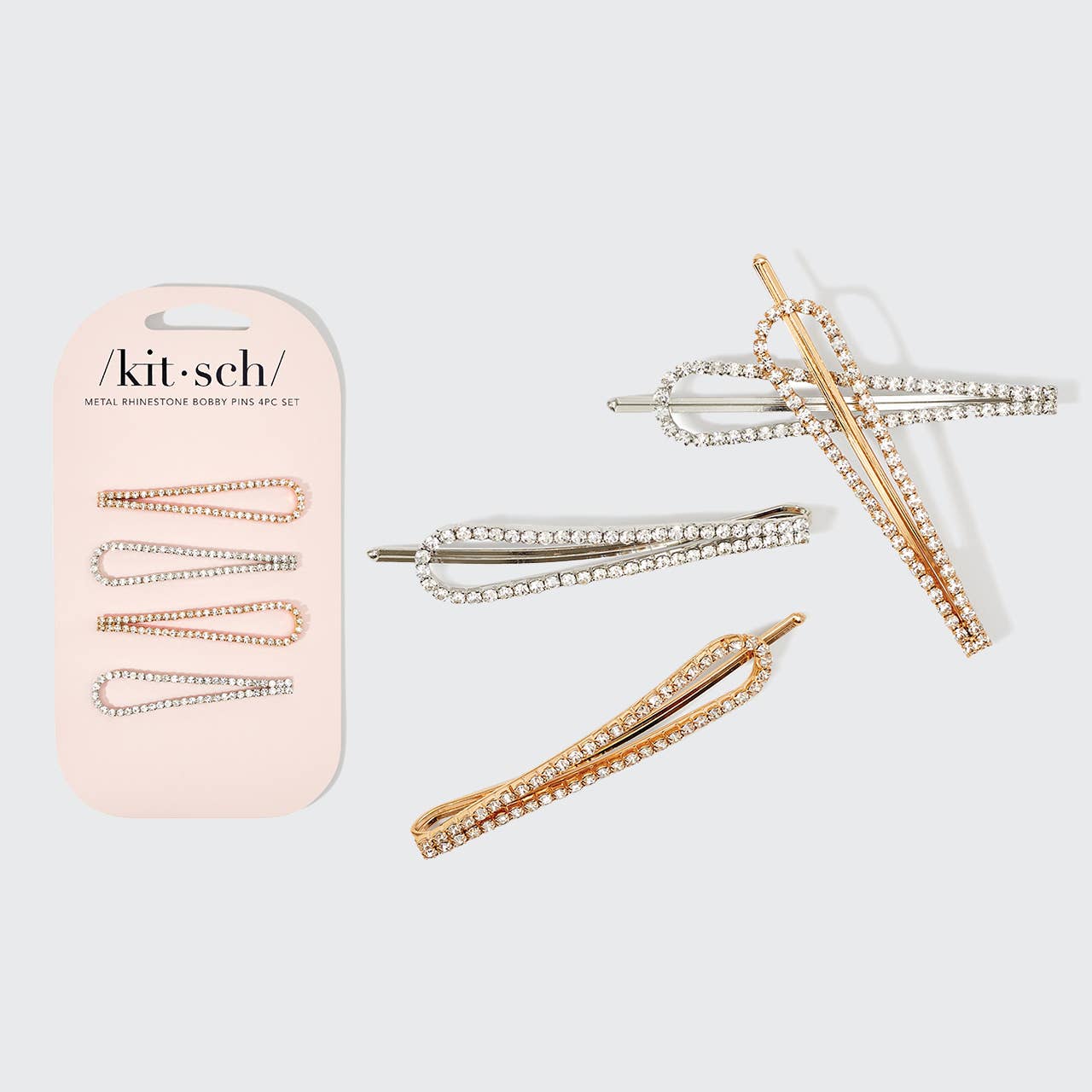 KITSCH Metal Rhinestone Drop Bobby Pins 4pc Set - Gold/Silver
