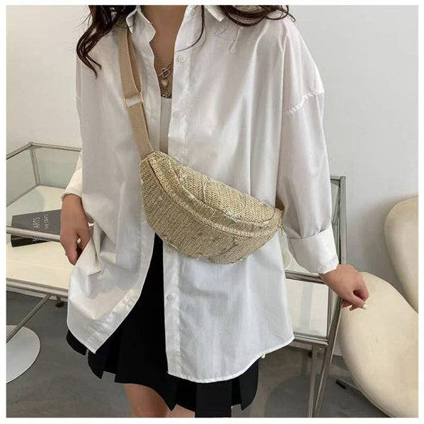 JOSSLYN RAFFIA STRAW WAIST FANNY PACK CROSSBODY BELT BAG