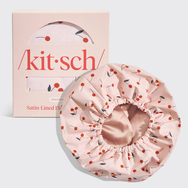 KITSCH Satin-Lined Flexi Shower Cap - Cherry Print