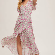 FLORAL PRINT RUFFLED HEM WRAP MAXI DRESS
