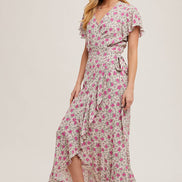 FLORAL PRINT RUFFLED HEM WRAP MAXI DRESS