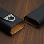 Genuine Leather Cigar Case, Wood Lined Humidor with Cutter