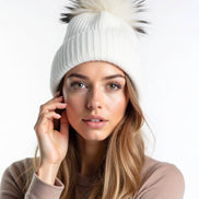 Sequin Knit Beanie with Detachable Faux Fur Pom-Pom