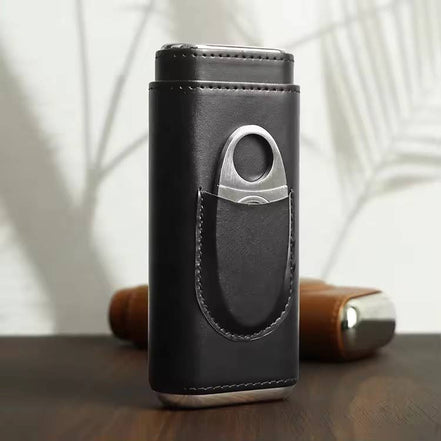 Genuine Leather Cigar Case, Wood Lined Humidor with Cutter