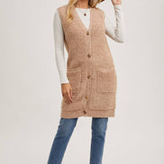 BLUIVY BUTTON DOWN V-NECK TEDDY KNIT LONG LINED VEST