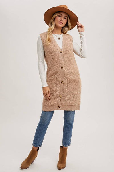 BLUIVY BUTTON DOWN V-NECK TEDDY KNIT LONG LINED VEST