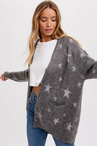 BLUIVY STAR PATTERN BUTTON FRONT CARDIGAN - Dropped Shoulder Design