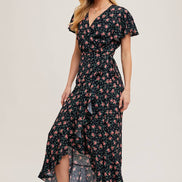 FLORAL PRINT RUFFLED HEM WRAP MAXI DRESS