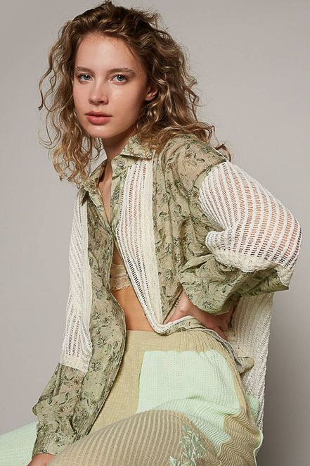 POL Oversize long sleeve floral print crochet button down shirt