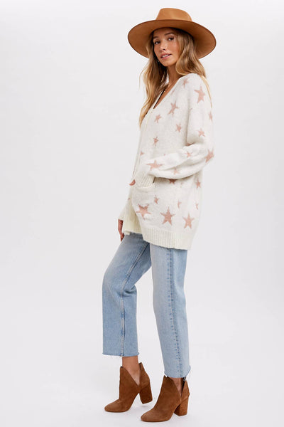 BLUIVY STAR PATTERN BUTTON FRONT CARDIGAN - Dropped Shoulder Design