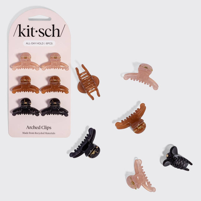 KITSCH Recycled Plastic Mini Arched Clips 6pc Set - Soft Pink, Mocha & Black