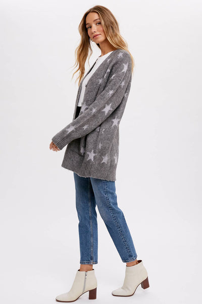 BLUIVY STAR PATTERN BUTTON FRONT CARDIGAN - Dropped Shoulder Design