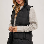 BLUIVY HOODED ZIPPER DOWN LONGLINE PUFFER VEST