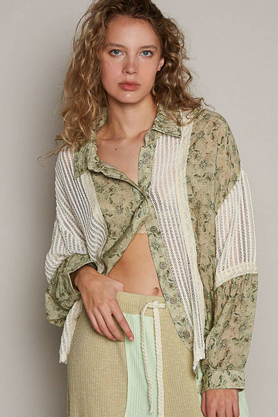 POL Oversize long sleeve floral print crochet button down shirt