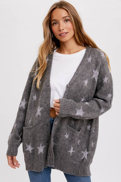 BLUIVY STAR PATTERN BUTTON FRONT CARDIGAN - Dropped Shoulder Design