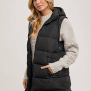 BLUIVY HOODED ZIPPER DOWN LONGLINE PUFFER VEST