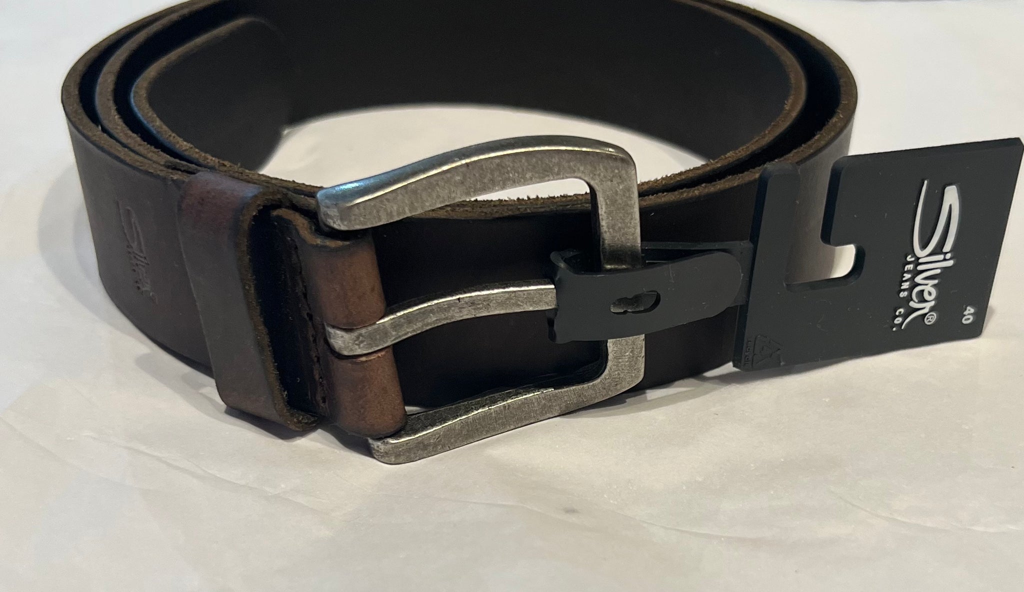 SILVER *40MM HEAVY STITCH MED LEATHER BELT